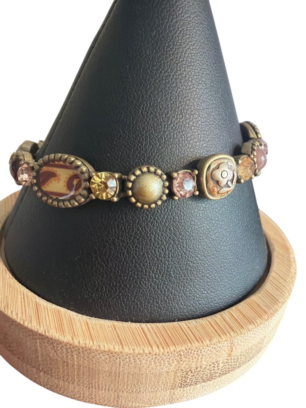 Antique Gold Tone Bracelet Enamel Rhinestones Fold Over Clasp 7.25" Animal Print